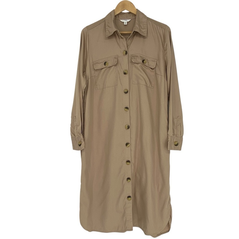 Time & Tru Beige Shirt Dress - Button Front - LS - Collar - Sz Small